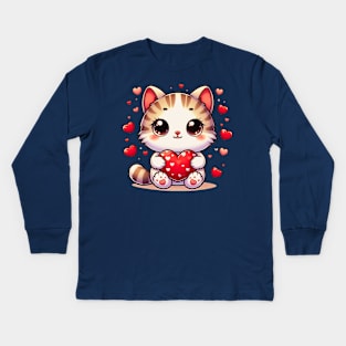 Cute White Kitten With Hearts And Valentines Kids Long Sleeve T-Shirt